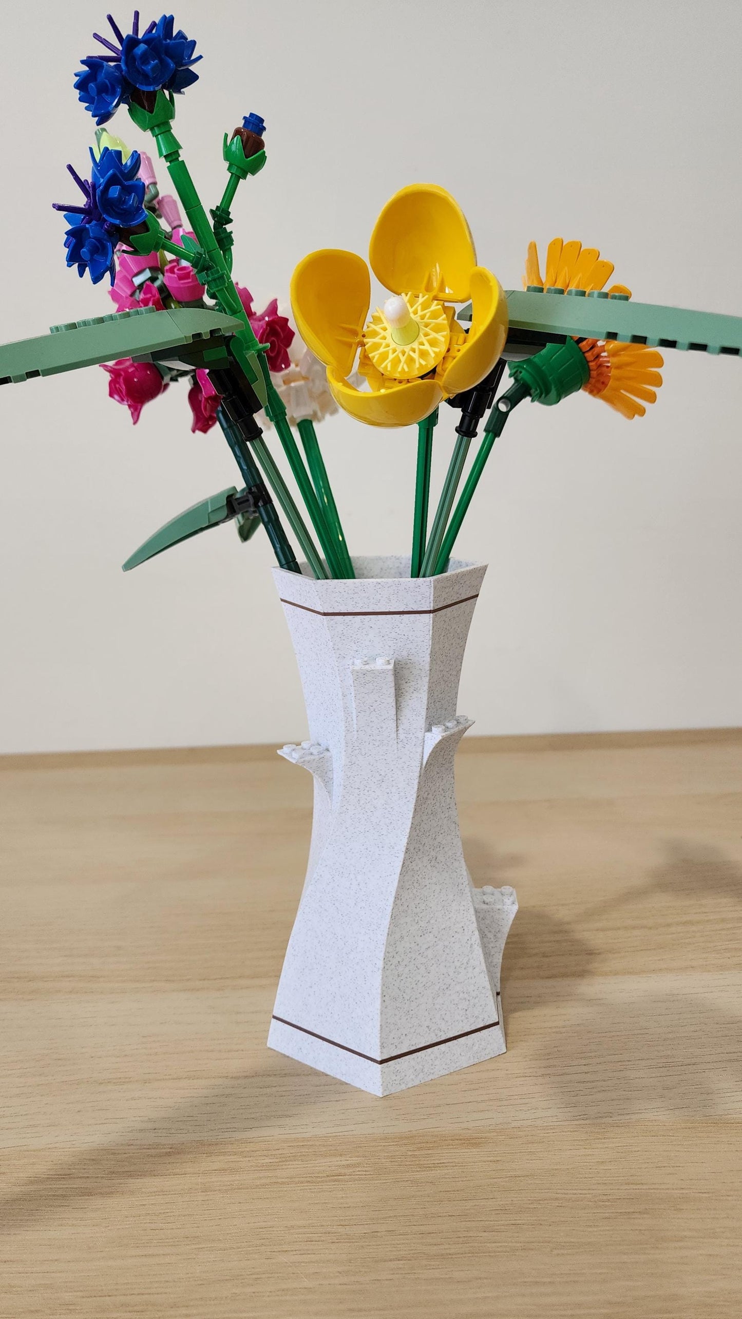 White Marble and black LEGO-Compatible Vase filled with LEGO botanical flowers