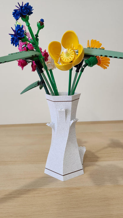 White Marble and black LEGO-Compatible Vase filled with LEGO botanical flowers