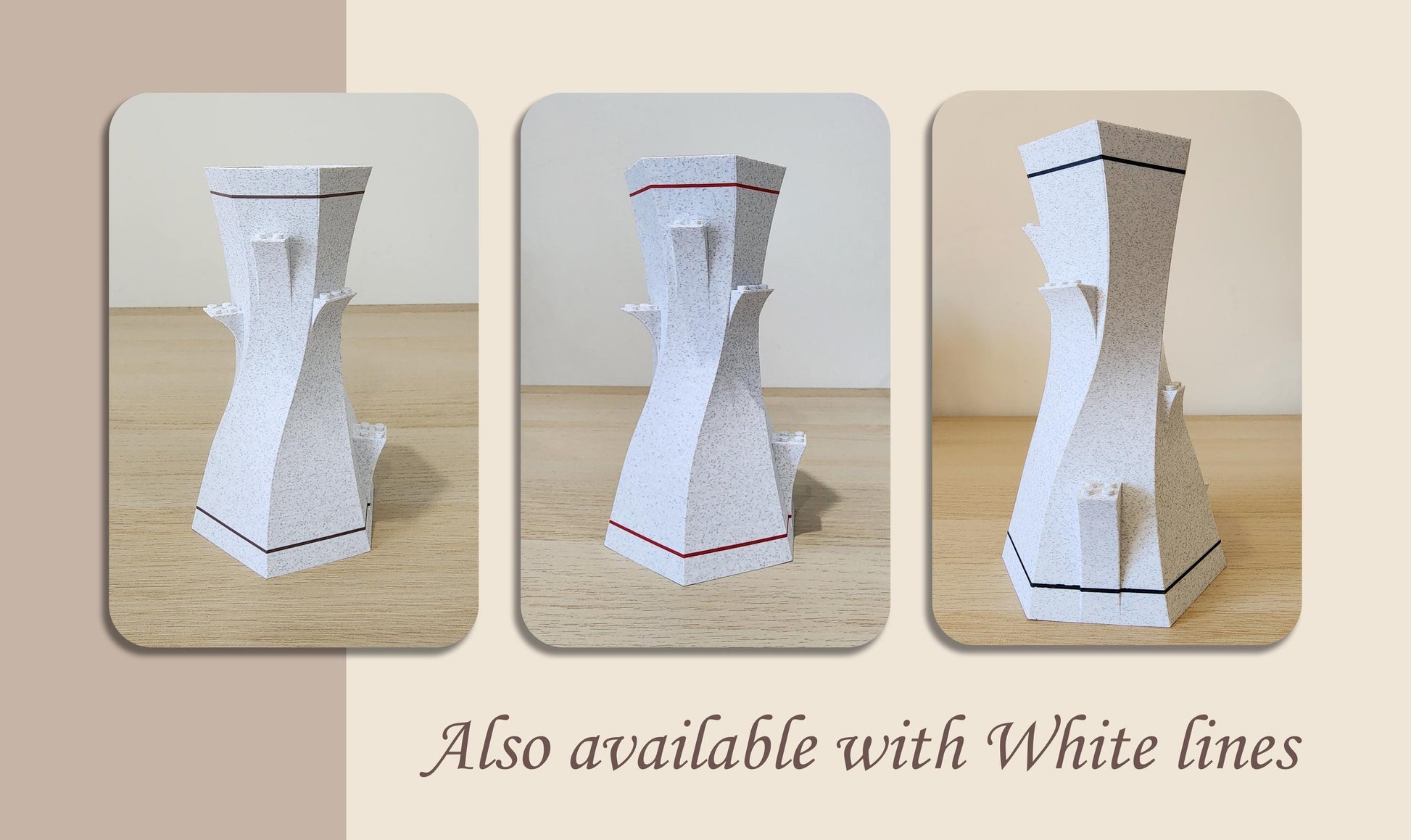 Three White Marble LEGO-Compatible Vases shown in Brown, Red and Black Line configurations, ideal for LEGO flower displays