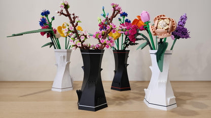 Black and white LEGO-Compatible Vases displayed with colourful Lego flowers