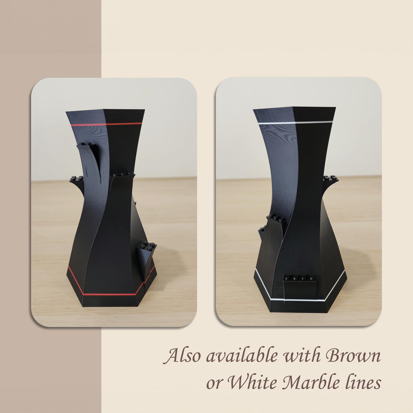 Side-by-side comparison of black LEGO vases with Red and White line variations