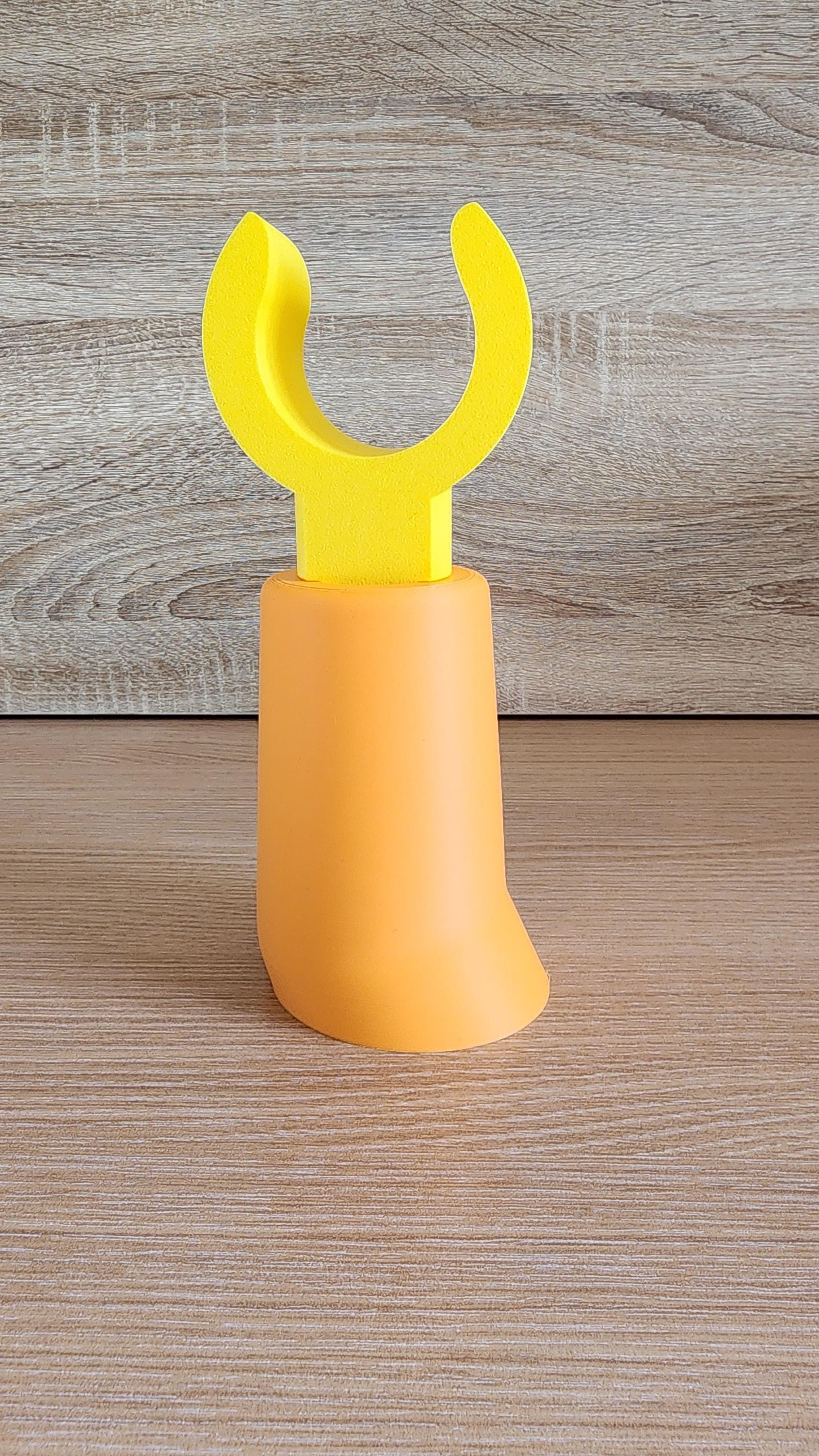 Orange Minifig-Inspired Headphone Holder with yellow LEGO-style grip arm