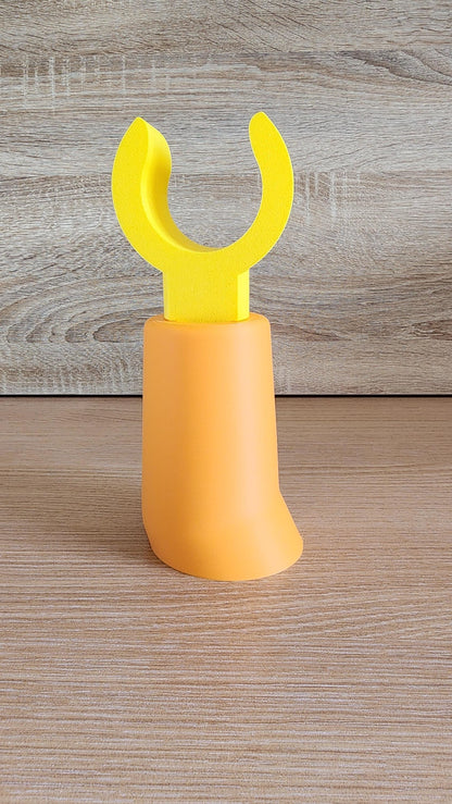 Orange Minifig-Inspired Headphone Holder with yellow LEGO-style grip arm
